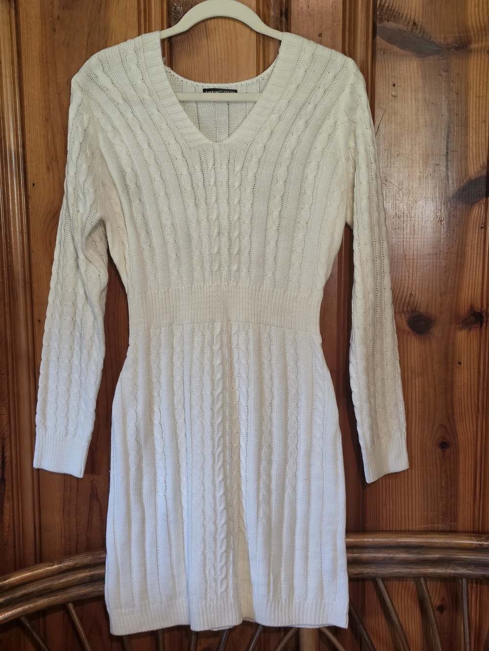 SHEIN White V-Neck Cable Knit Empire Waist Mini Sweater Dress Large